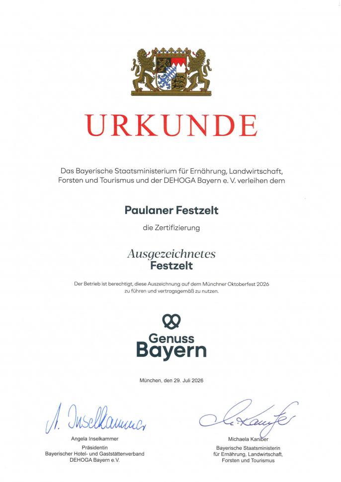 Urkunde Ausgezeichnetes Festzelt 2026